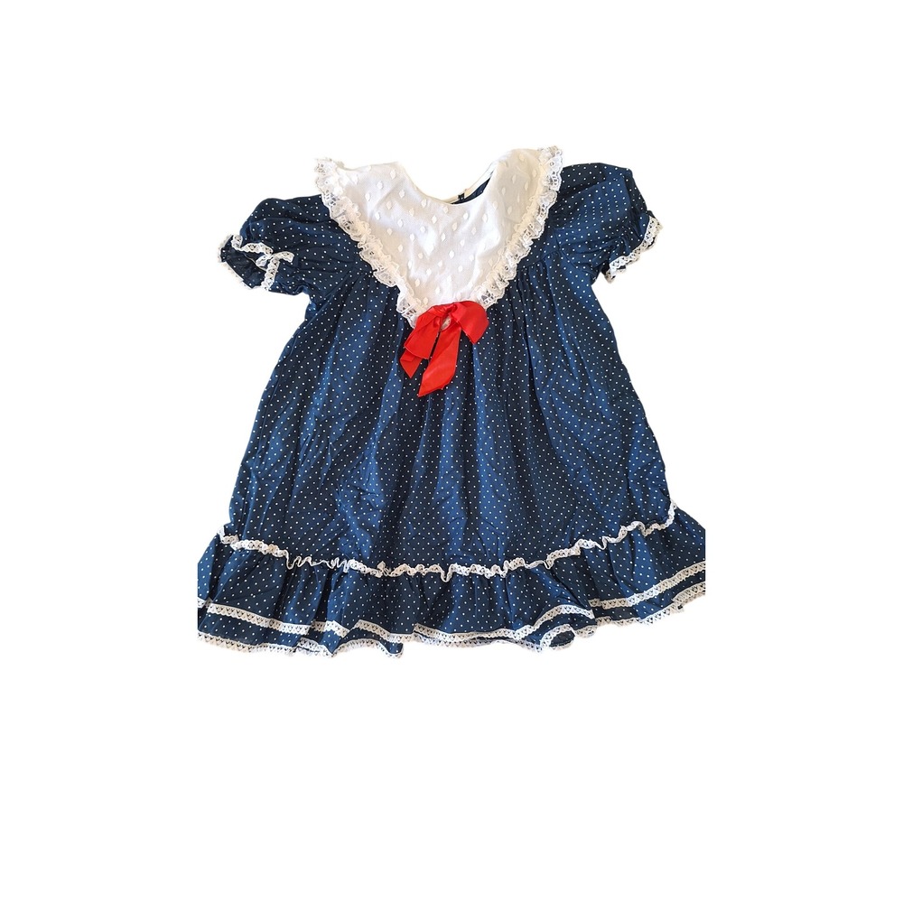 Vintage Roanna Girls Polka Dot Dress Navy Blue White Lace Red Bow Size 6 USA